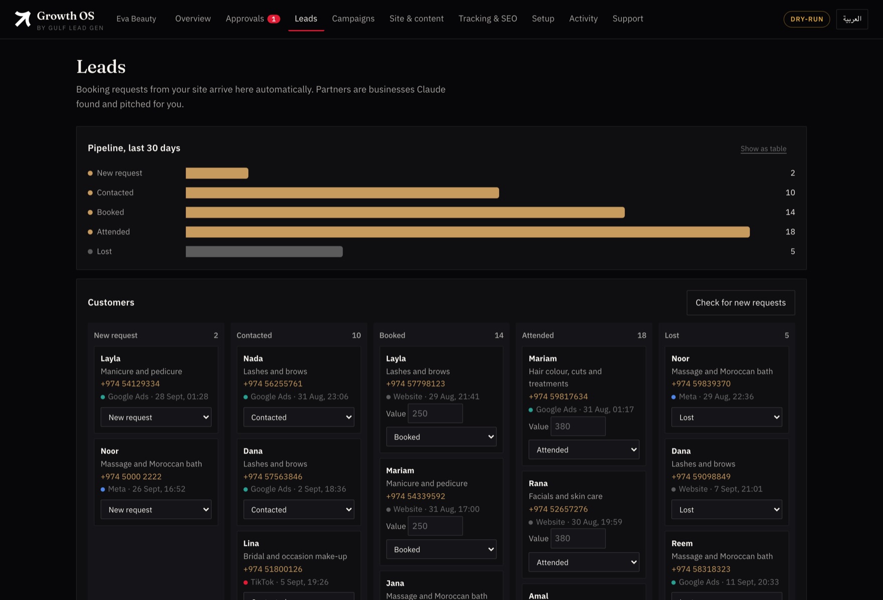 Growth OS leads screen: enquiries listed with their stage, source and value, and a pipeline chart by stage.